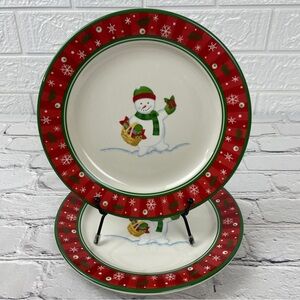 Longaberger Pottery Bluster the Snowman with Basket Holiday Snack 2 Plates